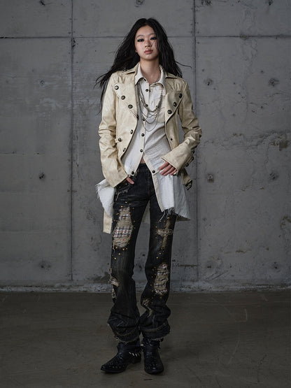 Karierte Distressed Patches Jeans Saum Punk mit ausgefranstem Black Wash Cross