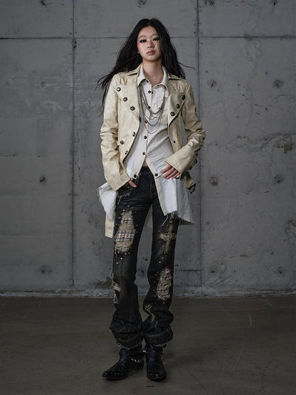 Gelbe Gürtelrose-Jacke mit Punk-Schnallenstickerei, kurz geschnitten, Khaki