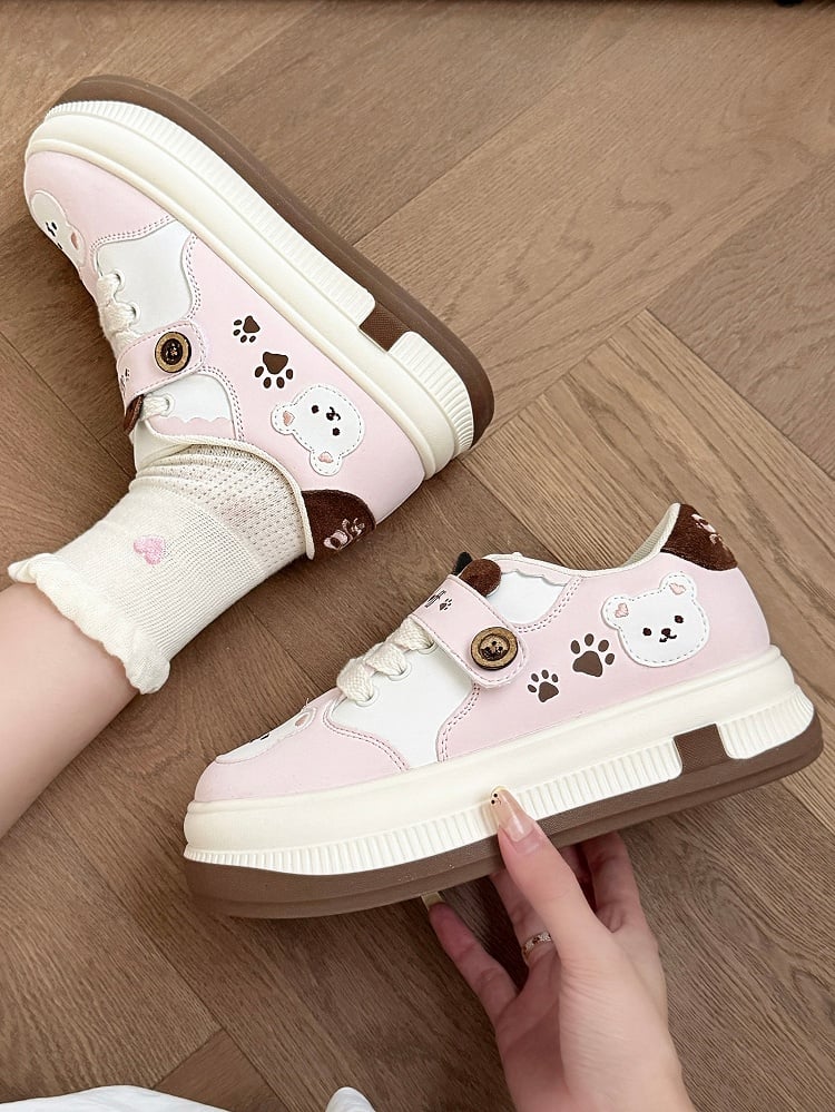 Lace-up Lolita Design with in Print Pink Paw Closure Platform Velcro Sweet Removable Sneakers