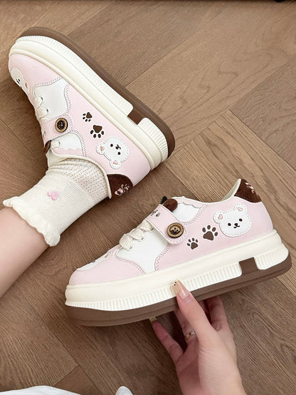 Lace-up Lolita Design with in Print Pink Paw Closure Platform Velcro Sweet Removable Sneakers