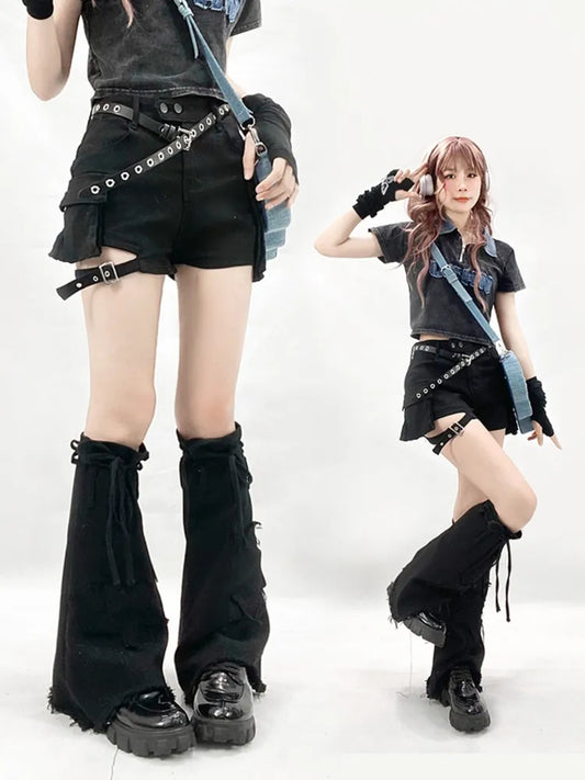 ポケット付きブラック+レッグスターウォーマーデニムフレアデザインカーゴショーツ