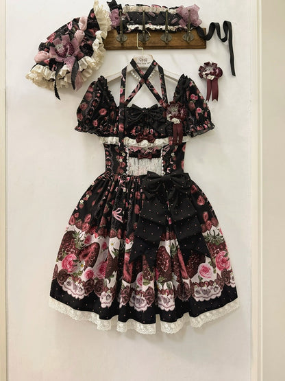 Black Strawberry Square Neck Puff Sleeve Lolita OP
