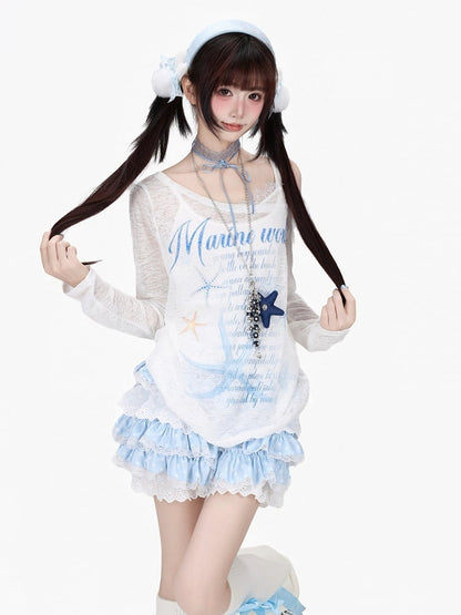 Sweet White Asymmetric Shoulder Lightweight Long Sleeve Top with Starfish & Letter Print - CRAZY GIRL