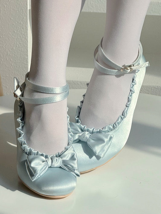 Trim Lolita Ruffles Sophisticated Blue Satin Straps Mid - Heels Convertible with Ankle
