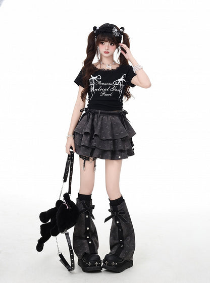 Dark Leg Details Tiered Skirt Flared with Free Warmers Gray Bowknot