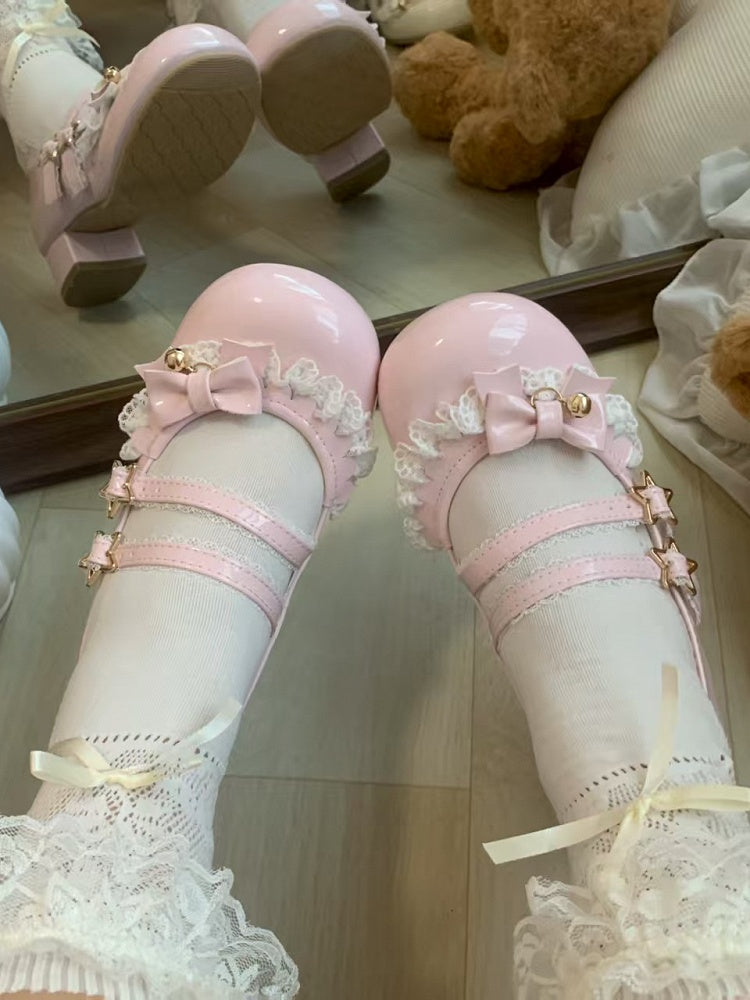 Star Low Leather Heels Sweet with Pink PU Closure Lolita -