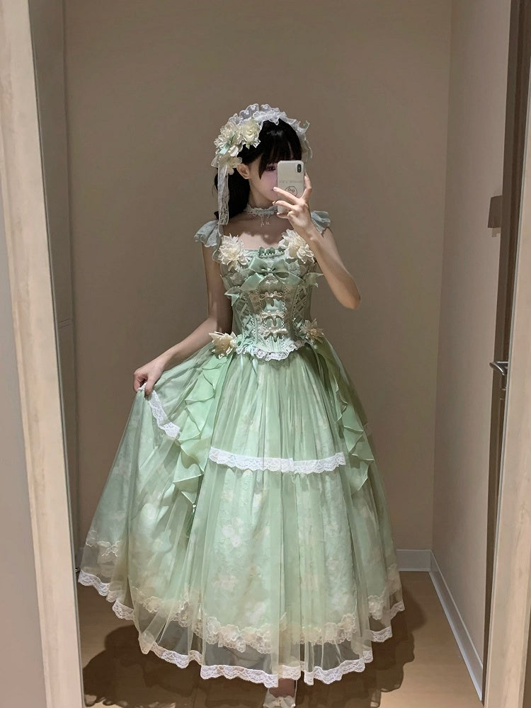Version Long Floral + Lolita Green Top Frog Skirt with Jasmine-Embellished Buttons Corset Print
