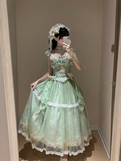 Version Long Floral + Lolita Green Top Frog Skirt with Jasmine-Embellished Buttons Corset Print