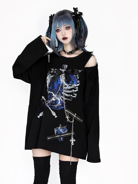 Zip-ShoulderHardware BlackWhite/BlackBlue Convertible Accentsin Print Topwith StrawberryRibcage