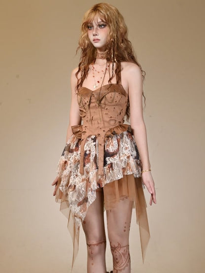 Holes Distressed Studs Chain Design Halter Dress Decorated Brown Wasteland Punk