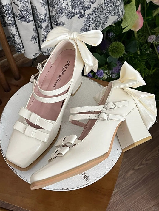 Shoes Bow White Toe Dual Accents Square Block - Elegant High Heel Buckles