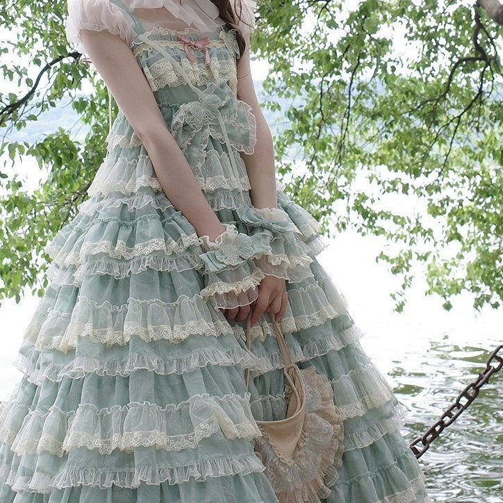 Trim Pink/Blue/Green Embroidery Wrist Lolita and Goldfish with Bow Sweet Cuffs Lace