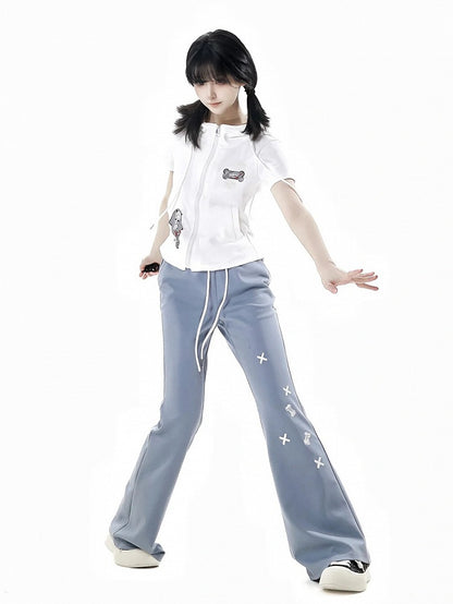 Schlaghose mit Knochenstickerei und Kordelzug in der Taille, Schwarz/Blau/Grau