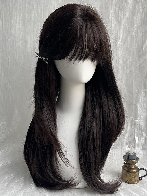 Schwarze, lange, glatte Kunsthaarperücke mit vollem Pony