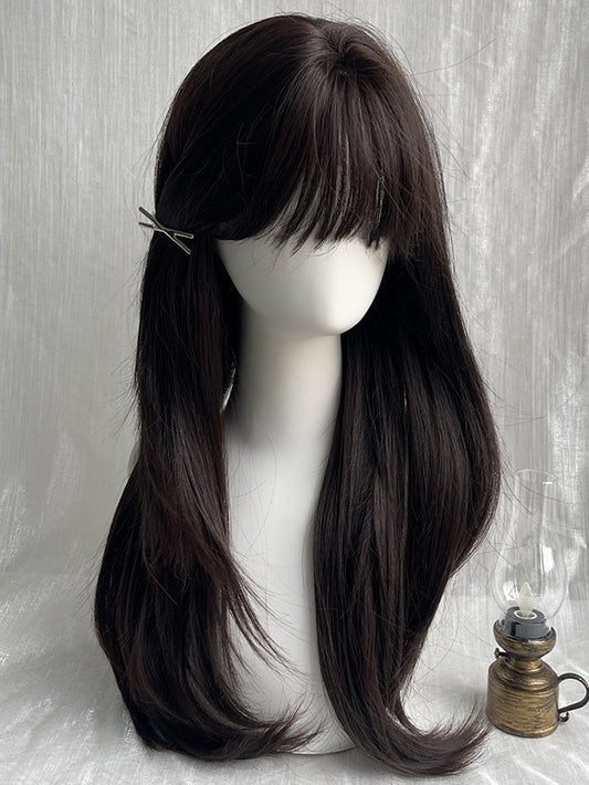 Schwarze, lange, glatte Kunsthaarperücke mit vollem Pony