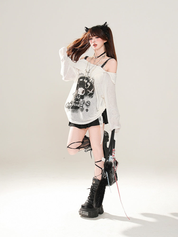 Rebellious Witch Schwarz/Weiß/Grau Ausschnitt Sonne Off-the-Shoulder Schutz Grafik Top