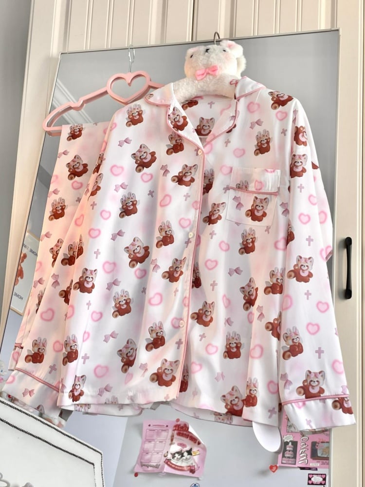 Weiß-rosa Pyjama-Set mit süßem rotem Panda-Print