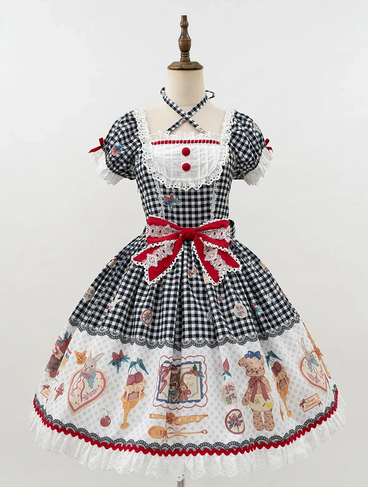 Black Print Kitty Teddy Gingham Sweet Lolita Dress and Short Sleeves