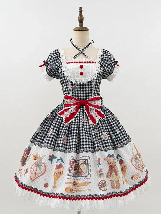 Süßes Lolita-Kleid mit schwarzem Print und kurzen Ärmeln im Kitty-Teddy-Gingham-Stil