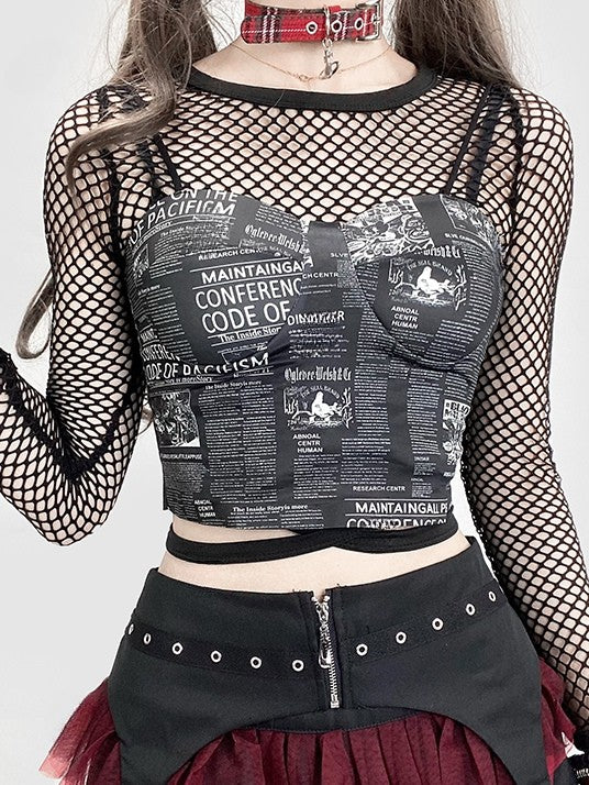 Glamorous Newspaper Black Top Cami Y2K Print