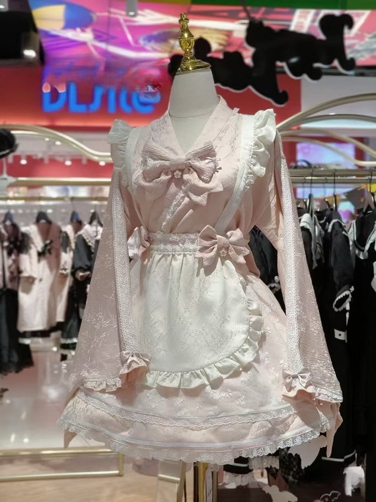 Wa Kei Pink Set-Bell Full Style Jirai Ärmel Blütenschürze Kleid + Flatteroutfit Festival Cherry