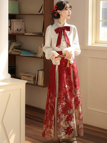 Pleated Han-Element Long-Sleeved White Blouse - Han Ru Chu Hanfu &amp; Han-Element Studi