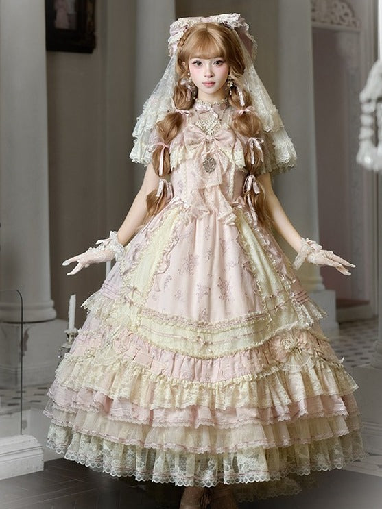 Refined Pink Lace-Trim Floral Embroidered Lolita Dress with Bow Train - Mademoiselle Pearl