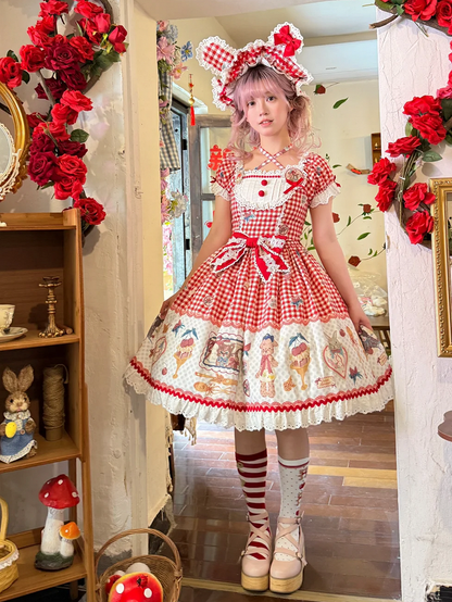 Süßes Lolita-Kleid mit rotem Teddy-Print, Dessert und Kirsch-Gingham
