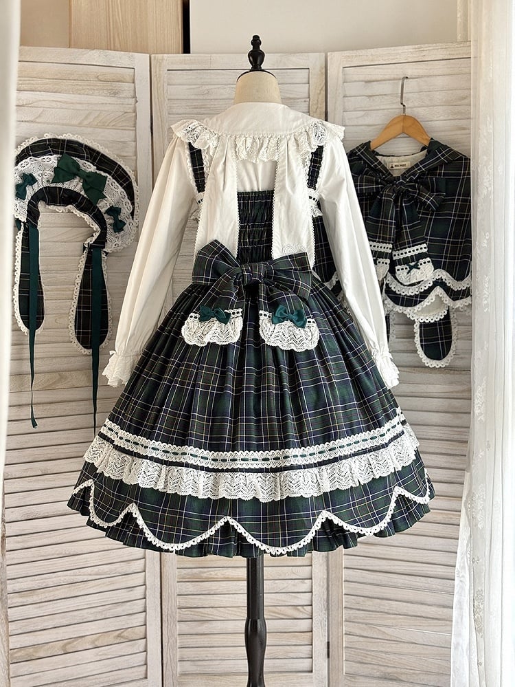 Accents Skirt Jumper Trim Plaid Bow Scalloped Sweet Edge Green with Lolita
