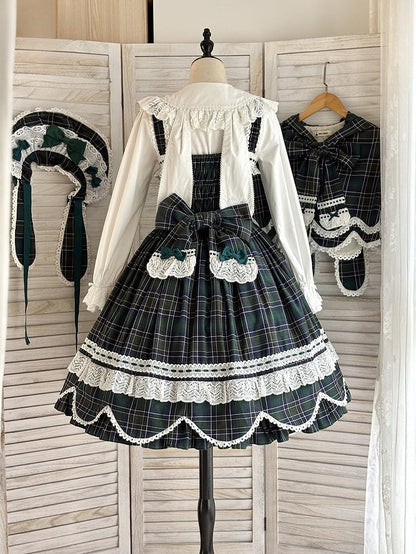 Accents Skirt Jumper Trim Plaid Bow Scalloped Sweet Edge Green with Lolita