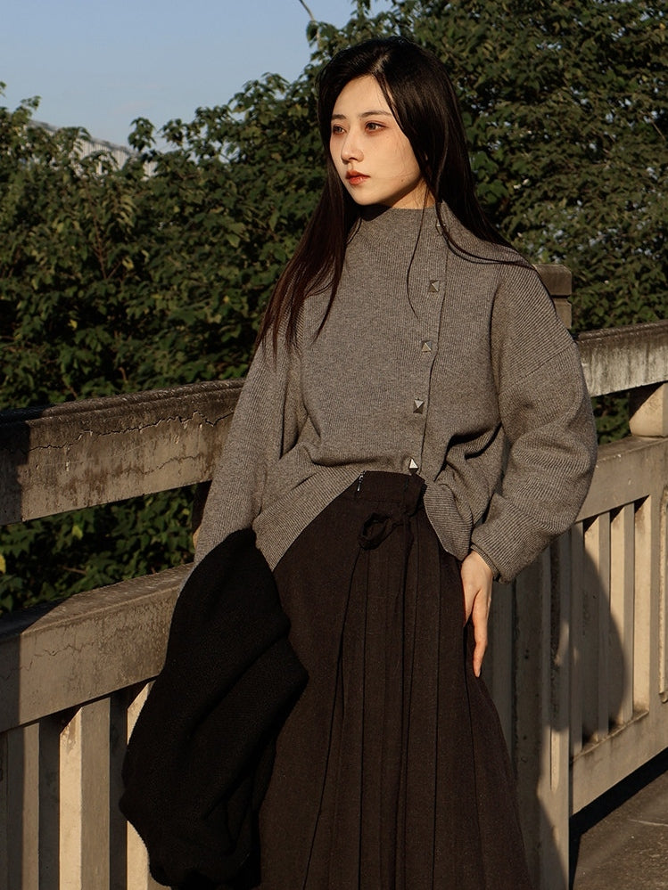 Cardigan Chinese Style Gray Unisex Button Closure Placket Classic in Knit with