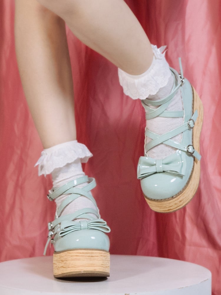 Accents Bow Round Sweet Design Lolita - Mint PU Green Toe Platforms Crisscross