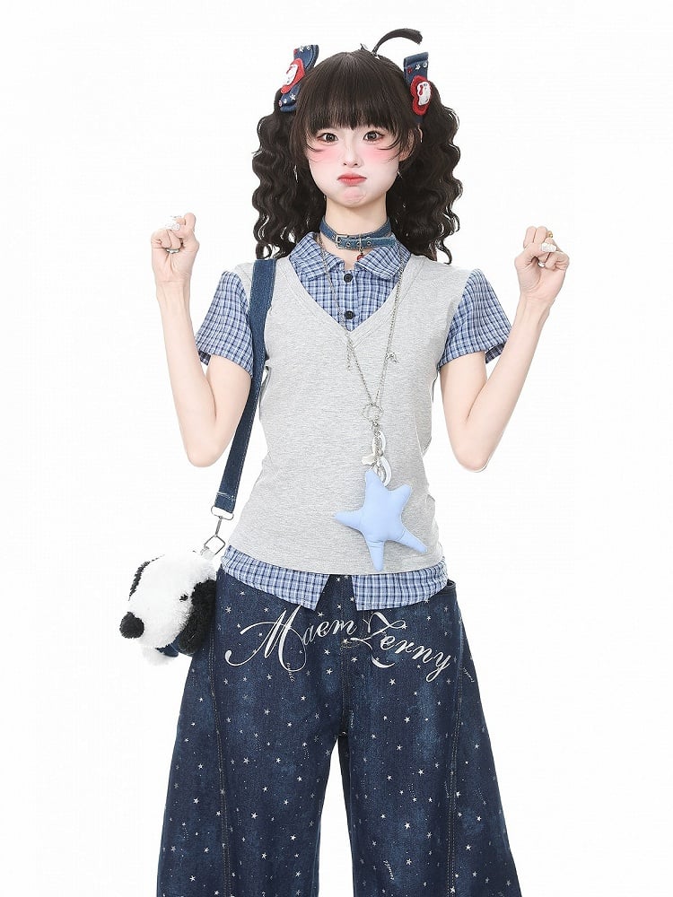 Gray Plaid Two-Piece Short Sleeve Top - Languid Park