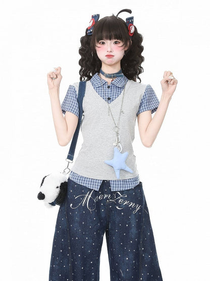 Gray Plaid Two-Piece Short Sleeve Top - Languid Park
