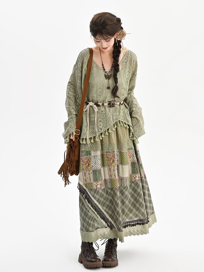 Hem Top with Belt Bohemian Green V-neck Tassels
