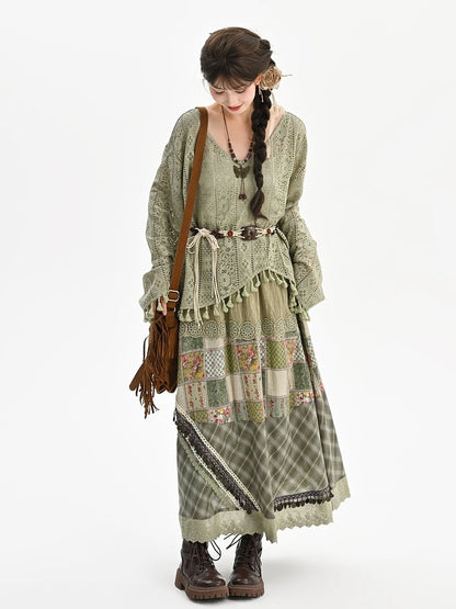 ベルト付きヘムトップス ボヘミアングリーン Vネック タッセル