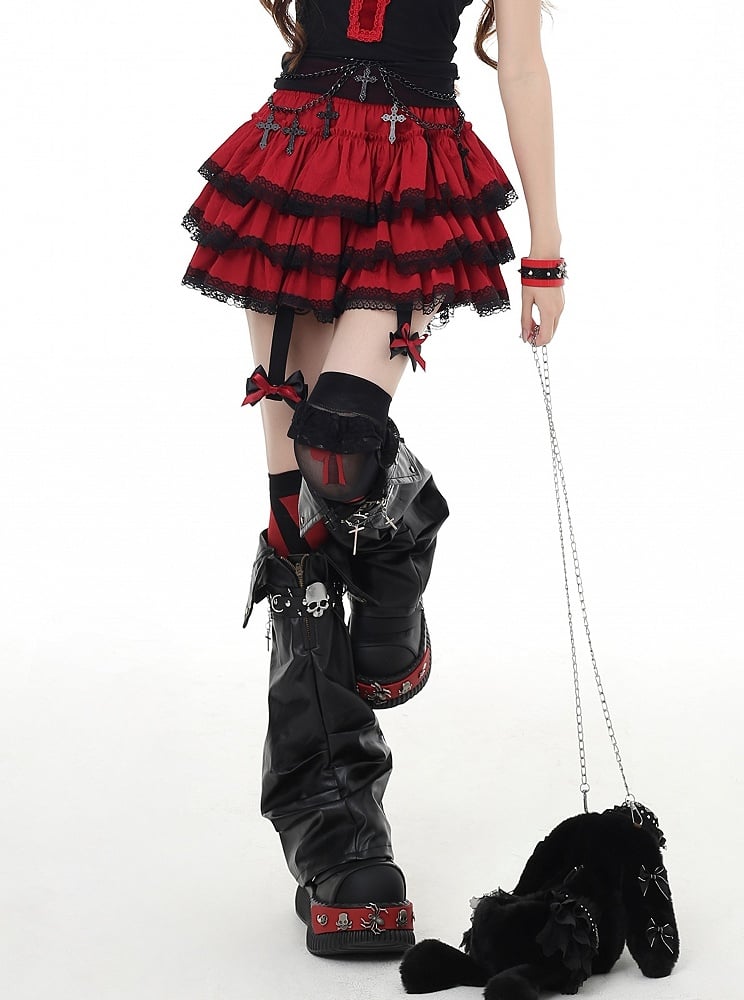 and Trim Glamorous Black Bowknot Tiered Skirt with Lace Red Y2K Detachable
