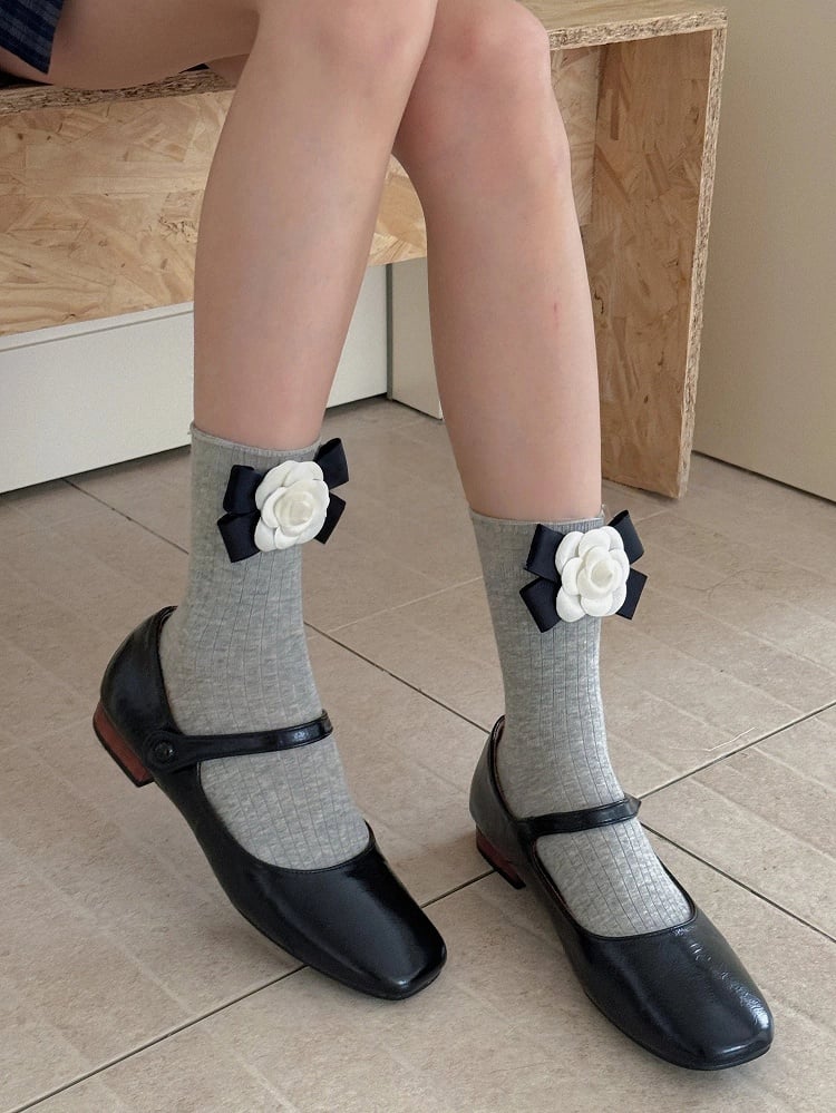 Bow Socks Style) Sweet Ribbed (Elegant Camellia