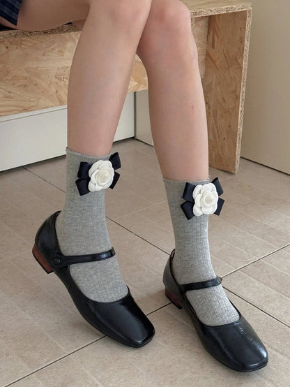 Bow Socks Style) Sweet Ribbed (Elegant Camellia