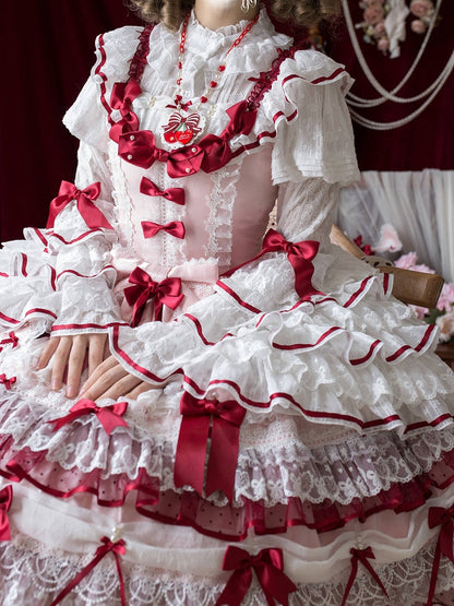 Pink & Red Hanayome Lolita Layered Hime JSK Dress with Bow Accents - Starry Messenger