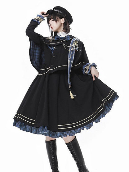 Detail Black Asymmetrical and Blue with Sash Cape Tassel