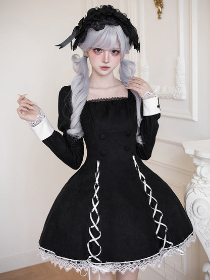 Sleeves Juliette Short with Lace and Trim Black Contrast Lolita Dress Lacing