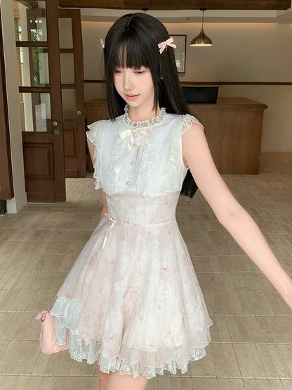 Pink & White Floral Seiso-kei Sleeveless Dress with Bow and Lace - LA LA JK