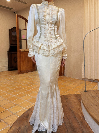 Classic Apricot Elegant Lolita with + Ruffled Set Details Blouse Lace Mermaid Skirt Long Sleeves