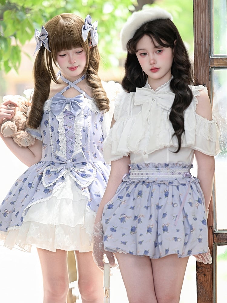 Hals Lila Hortensien Print Offene Schulter Neckholder Leicht OP Süßes Lolita Kleid