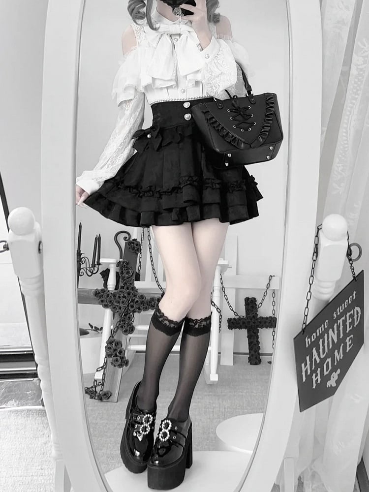 Jirai Tiered Skirtwith LaceBead Decorations|Elegant Jacquard Kei Style Black