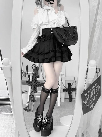 Jirai Tiered Skirtwith LaceBead Decorations|Elegant Jacquard Kei Style Black