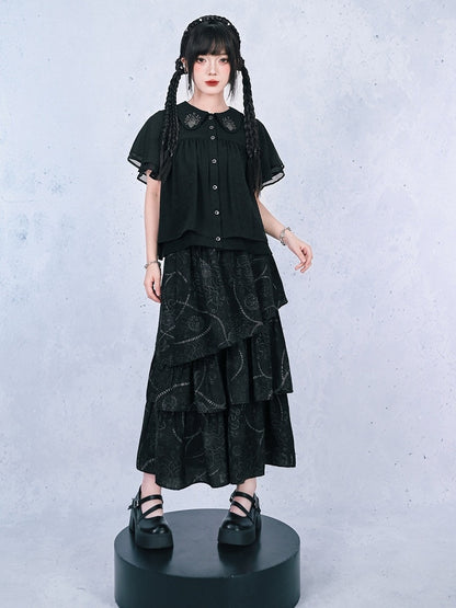 Gothic Black Asymmetrical Three-Tier Skirt with Sea Lily - Quirky Hut