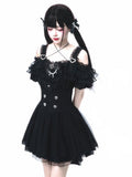 Jirai Kei Black Lace Trim Top with Off-the-shoulder Neckline
