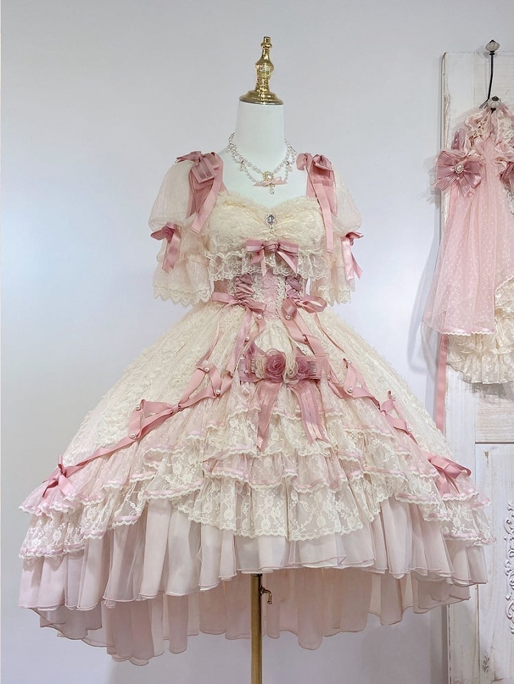 Pink Dress and Beige Piece Layered High-low Princess One Lolita Hanayome Hime